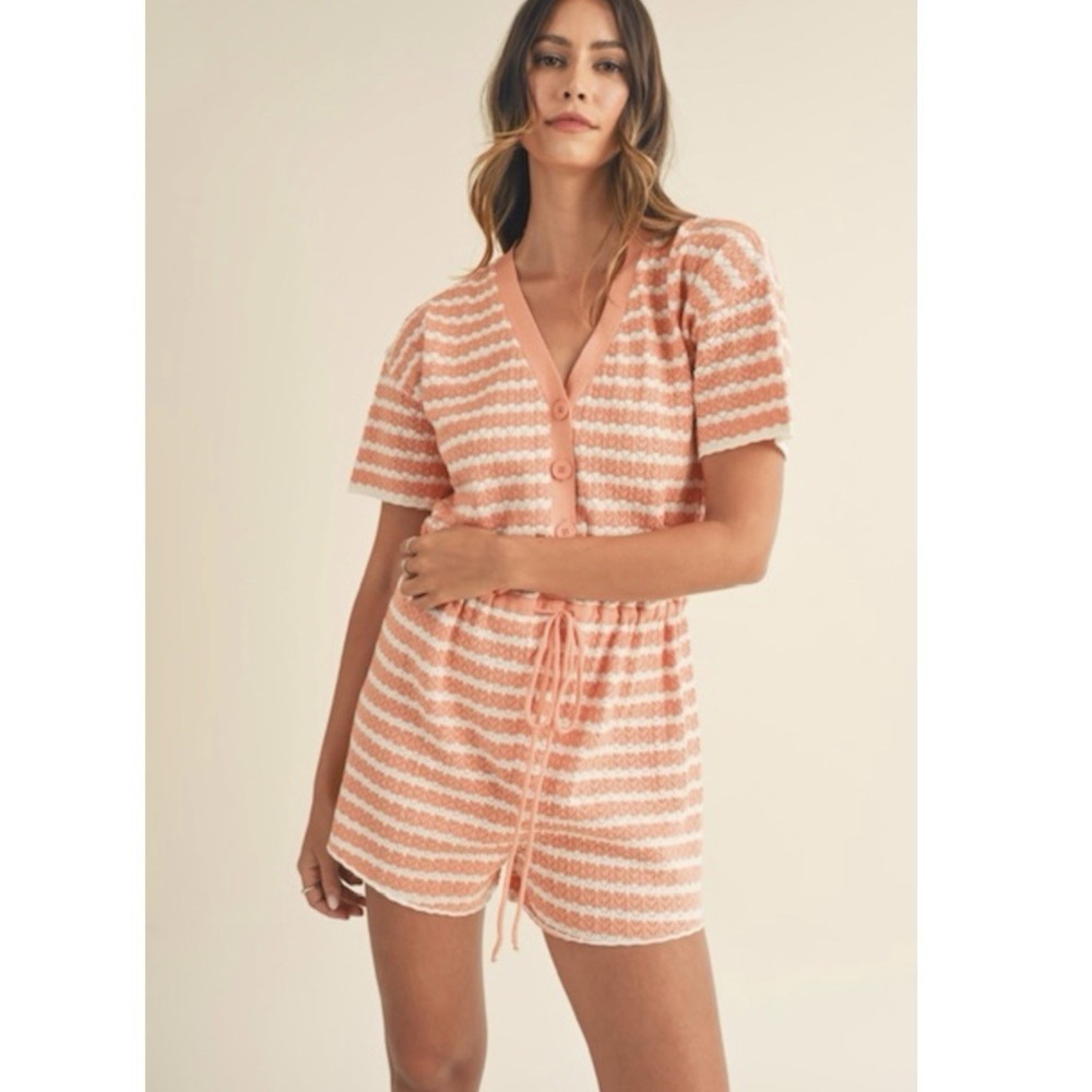 Mable Gretel Salmon White Striped Drawstring Waist Knit Short Romper Women's S/M